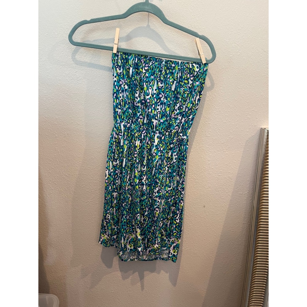 Lilly Pulitzer XS Strapless Pima Cotton Dress Blue Green Abstract Print Mini